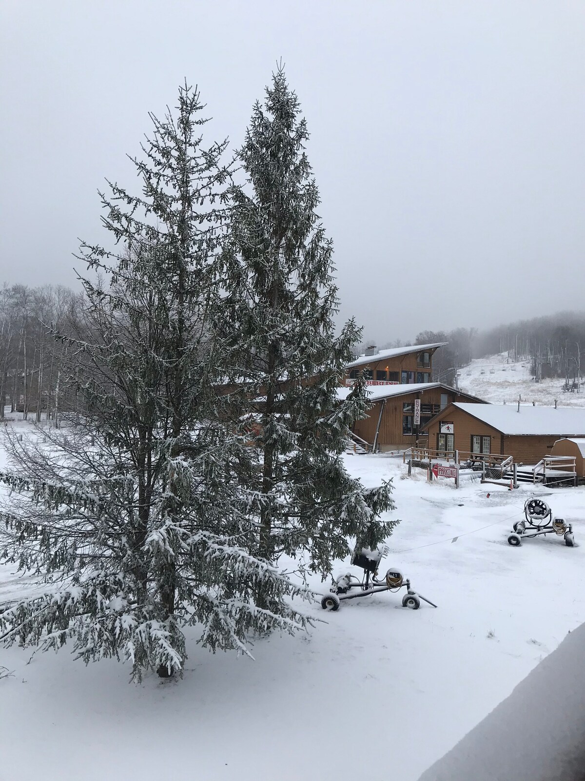 Snow-covered evergreens frame the view of a rustic lodge in the distance. The surrounding landscape features a blanket of fresh snow, with ski equipment positioned nearby. A gentle fog adds a serene touch to the winter atmosphere.
