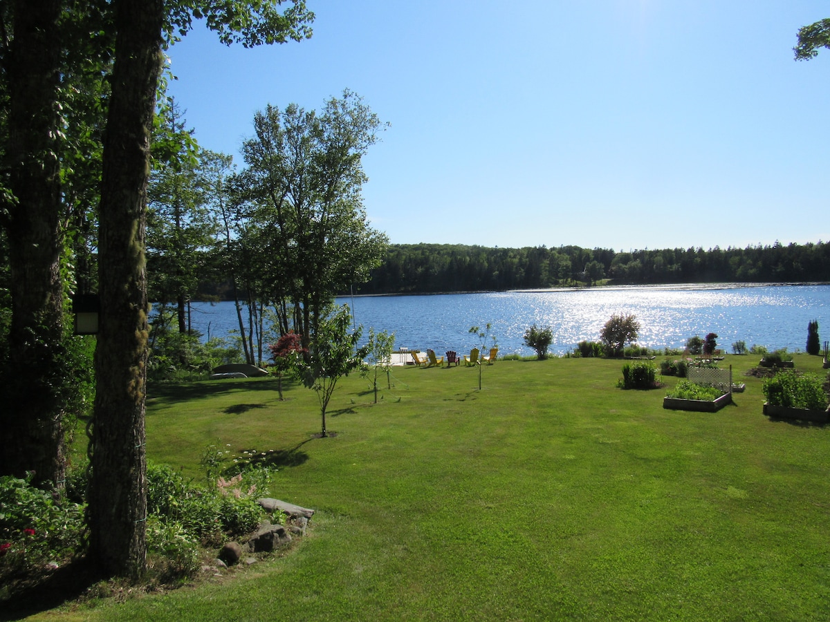 A serene lakeside view reveals a lush, grassy yard leading to a calm body of water. Sunlight reflects off the lake's surface. Several chairs are arranged along the shore, surrounded by trees and flowering shrubs, creating a peaceful outdoor setting.