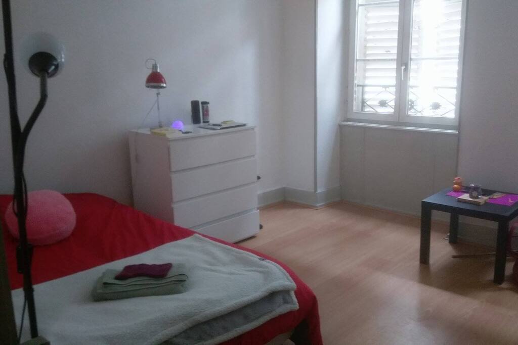 Une des 2chambres a disposition. Vue sur rue fossé des tanneurs et donc la place de l'homme de fer en regardant vers la droite ! Linge de bain a disposition.