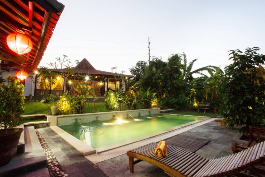 The villa, garden and pool at dusk