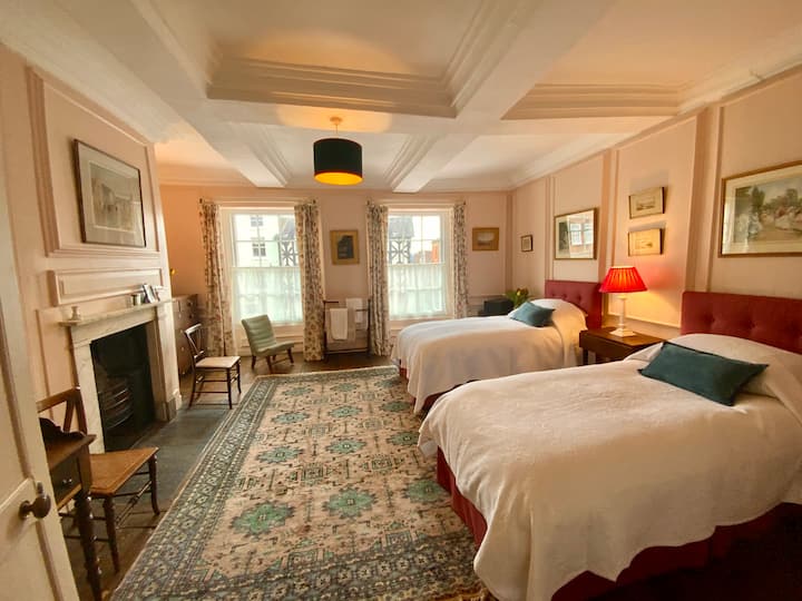 Spavaća soba s 2 odvojena kreveta i pločama.