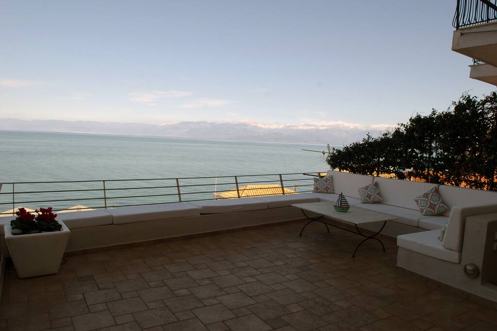 View from the terrace with the towering mountain Taygetos at the backround