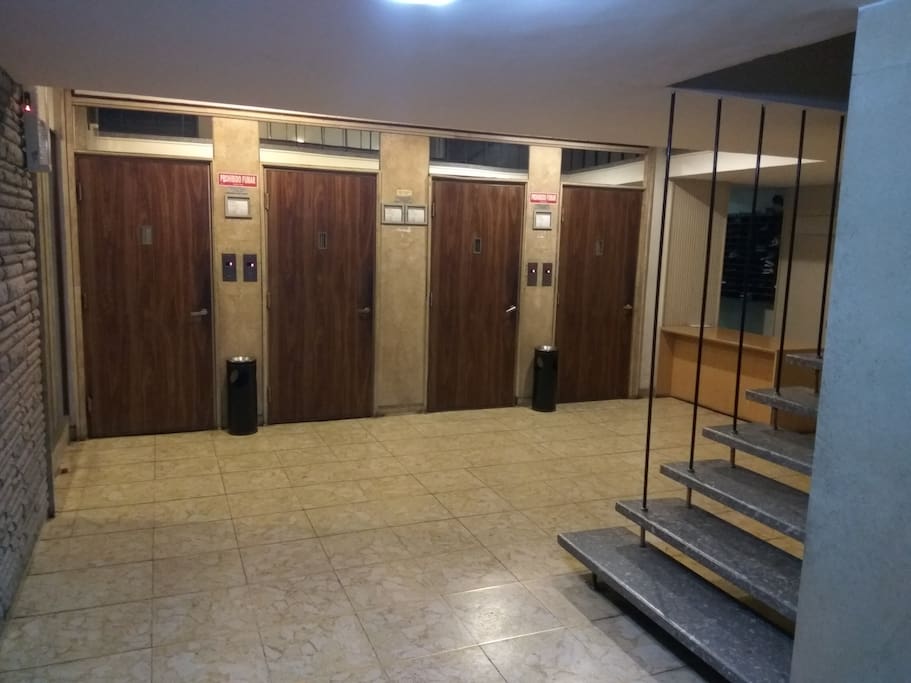 Entrad con 4 ascensores siempre en uso, vigilancia las 24 horas con portero