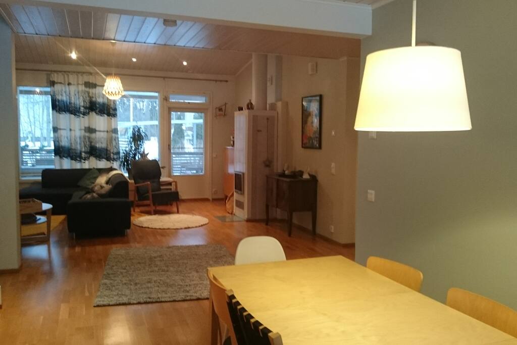 Dinner table and living room