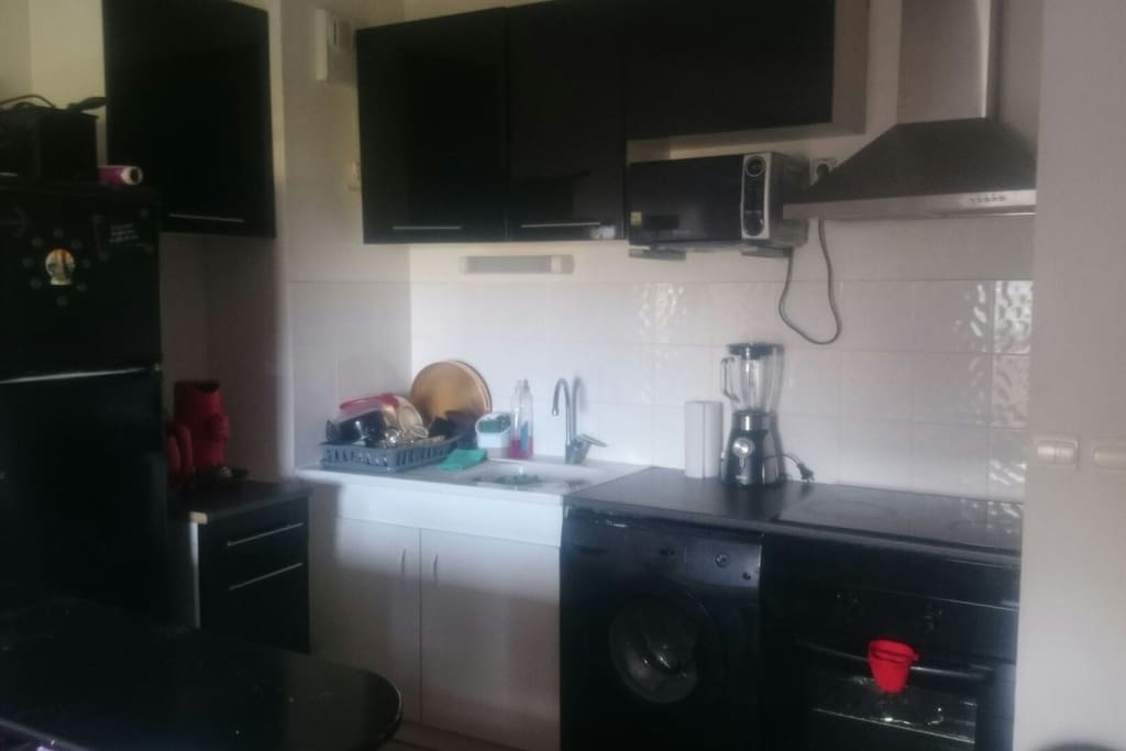 La cuisine est entièrement équipée: frigo congélateur, micro-ondes,four, plaque vitrocéramique, hotte, machine à café senseo,bouilloire électrique, blender, fouet électrique, plan de travail, tout les ustensiles de cuisine nécessaire...
