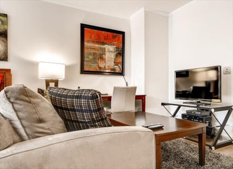 Living Room area features a work desk with chair, flat panel LCD TV with cable channels, DVD player and stereo CD system.