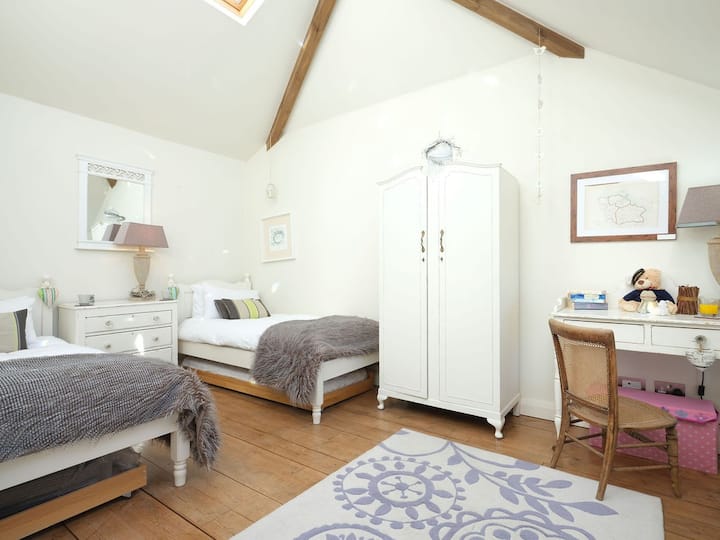 Twin room with pull out trundle bed with vaulted ceiling and skylights
