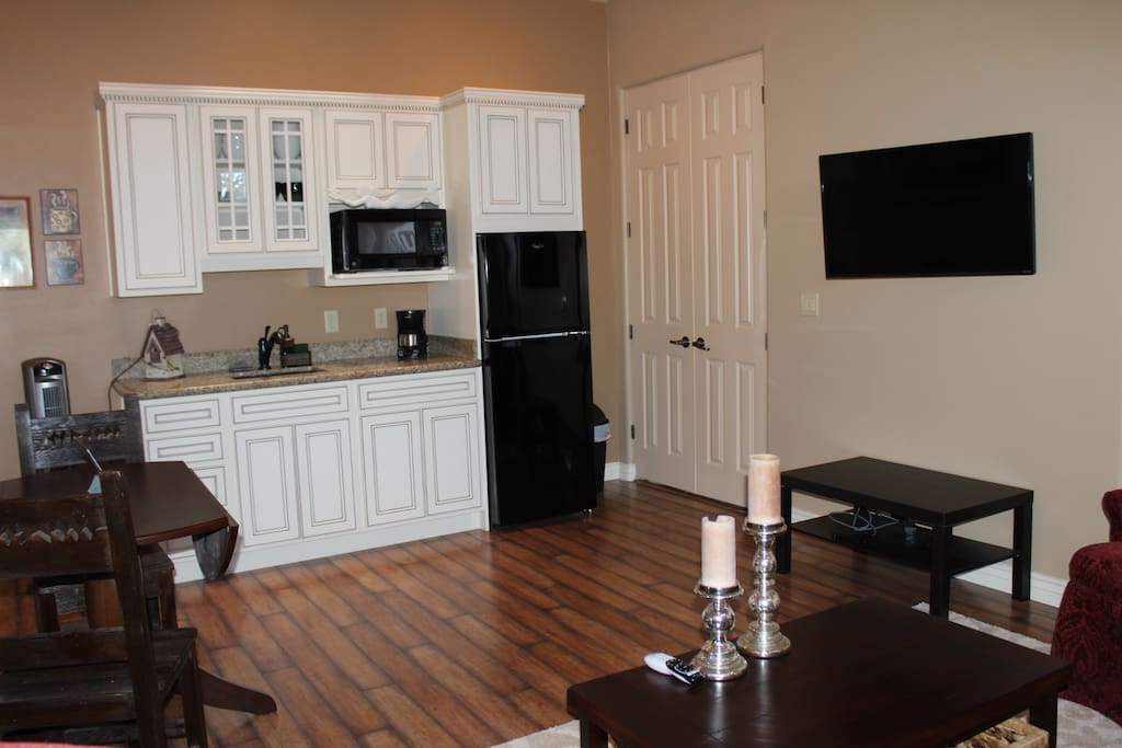 Your kitchen, pantry and livingroom with 45" Flat screen TV