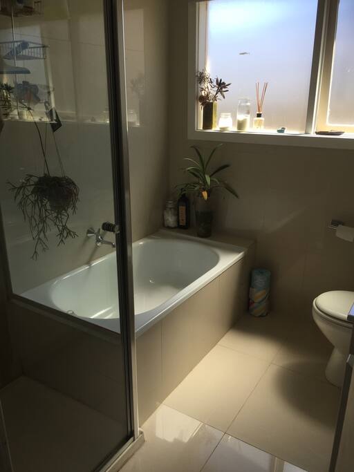 Separate bath and shower, plus a second toilet.