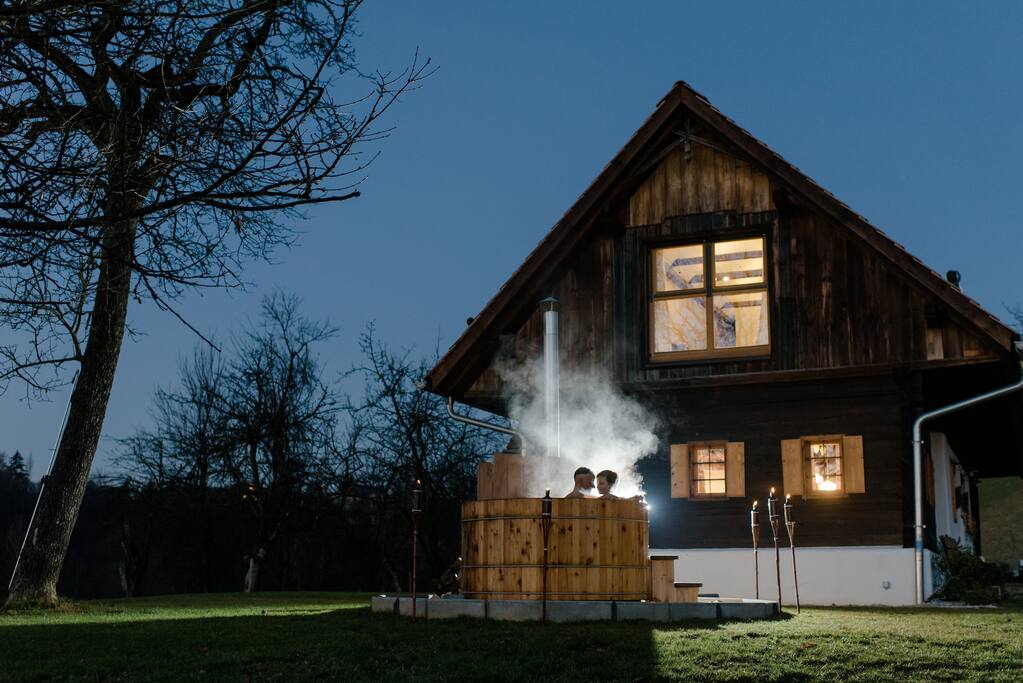 under the stars in our hot pot, summer and winter