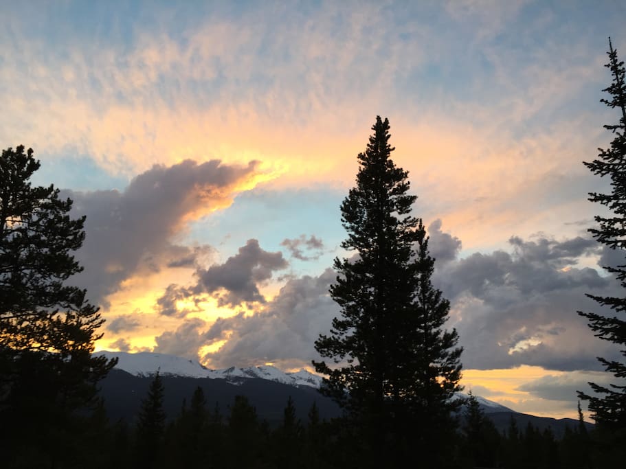 A typical sunset as seen from the great room, deck, and hot tub.