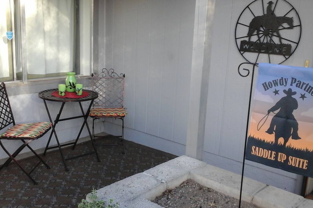 Private patio with bistro seating.