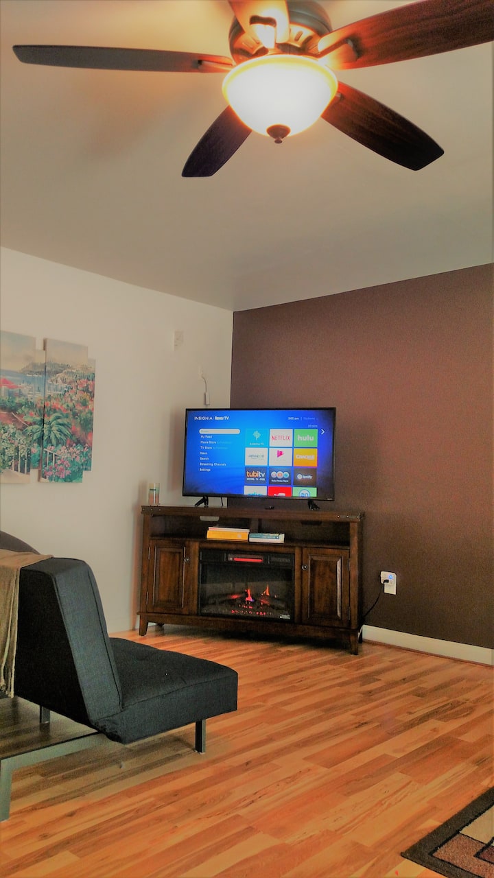 טלוויזיה חכמה LED 48 אינץ' (נטפליקס ו - Hulu) ואח חשמלית. (תמונה לעיון בפריסה בלבד; יש לעיין בתמונות המעודכנות לקבלת פרטי סיום).