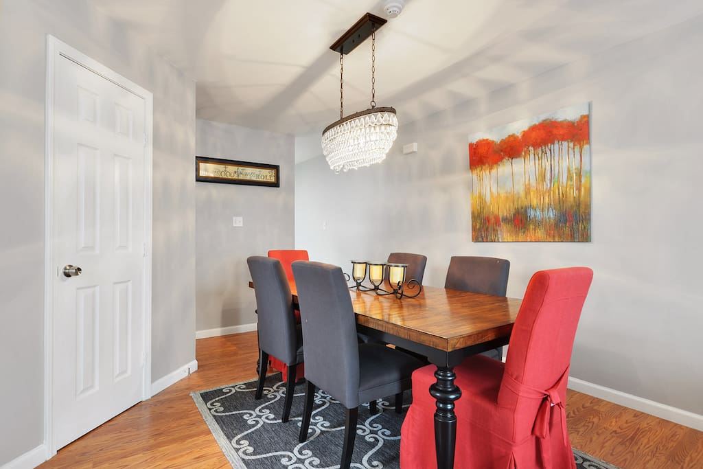 Beautiful dining area with great lighting. 1/2 bath (powder room) close by.