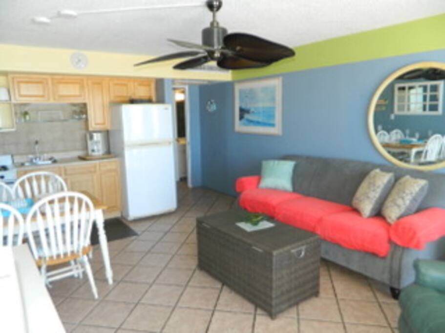 This is a great condo on the fourth floor brand new couch with the memory foam mattress patio doors looking at the ocean balcony looking right at the ocean flat screen TV very comfortable recliner