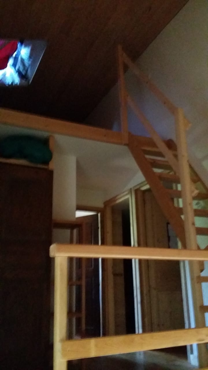 mezzanine au dessus de la salle d'eau avec un grand lit