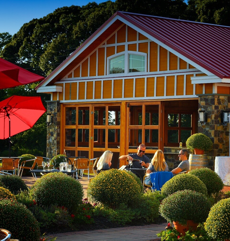 A charming outdoor seating area is featured in front of a beautifully designed building with wooden accents and a metal roof. Socially distanced tables and chairs are surrounded by neatly trimmed bushes, creating a welcoming space for guests to relax and enjoy the vineyard views.