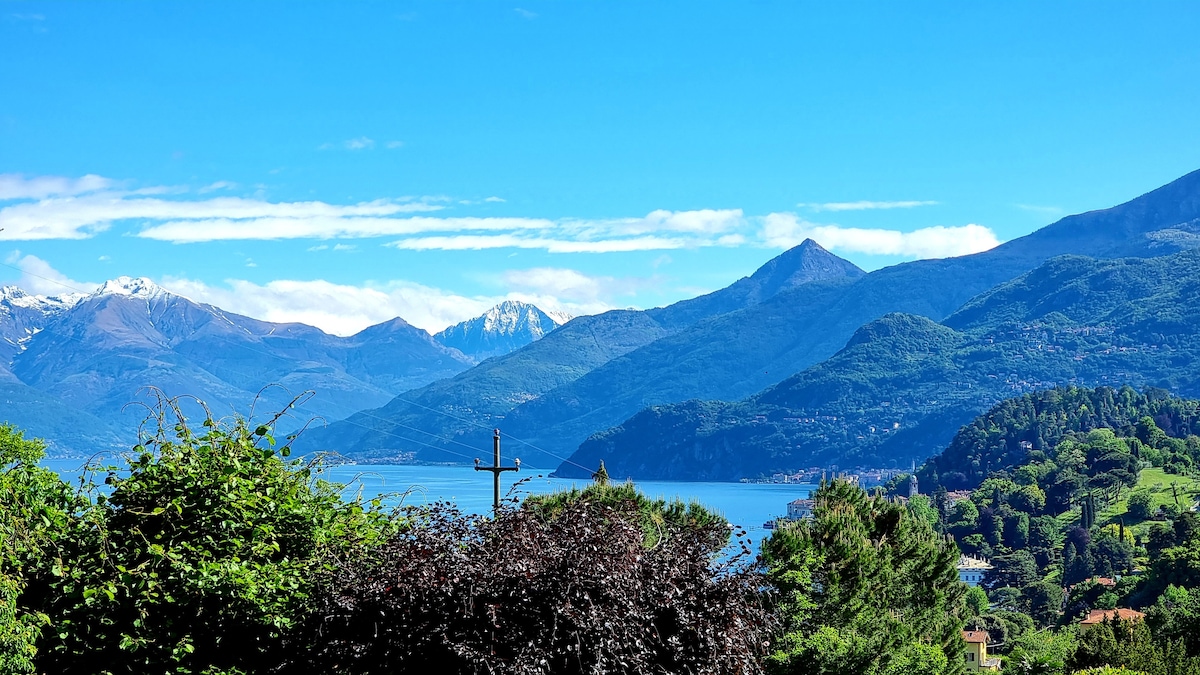 A panoramic view of a serene lake surrounded by lush green hills and majestic mountains. Snow-capped peaks can be seen in the distance under a clear blue sky, providing a tranquil and scenic backdrop.