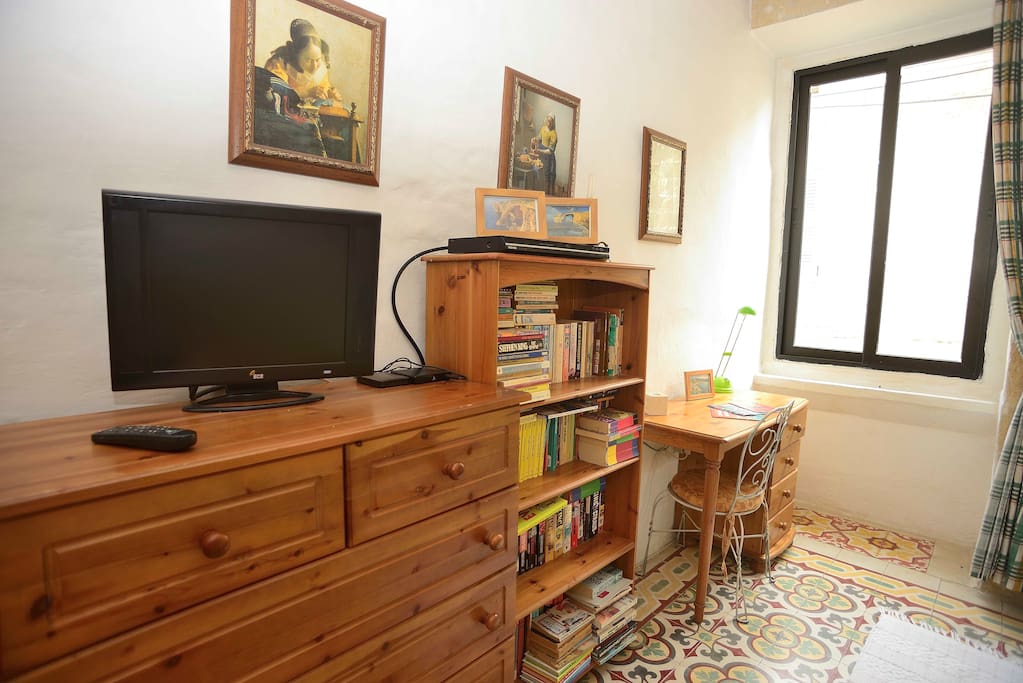 TV, with DVD player and 100 DVDs plus a media player with TV series etc. and small library in the bedroom.