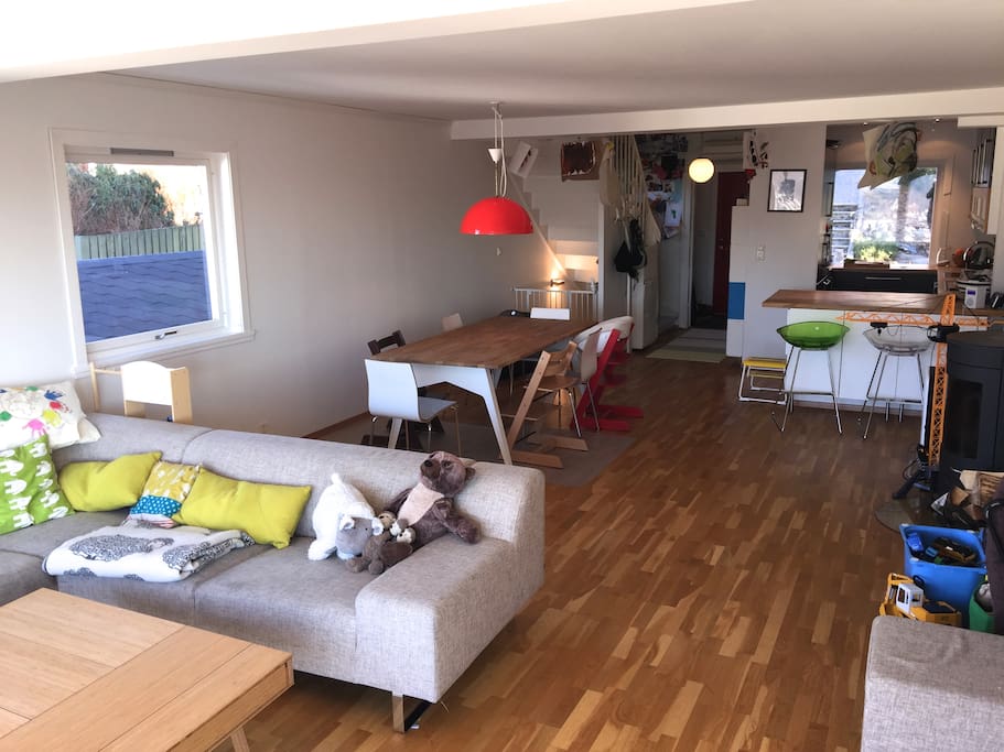 living room with sofa, big dining table and open kitchen. 1. floor.