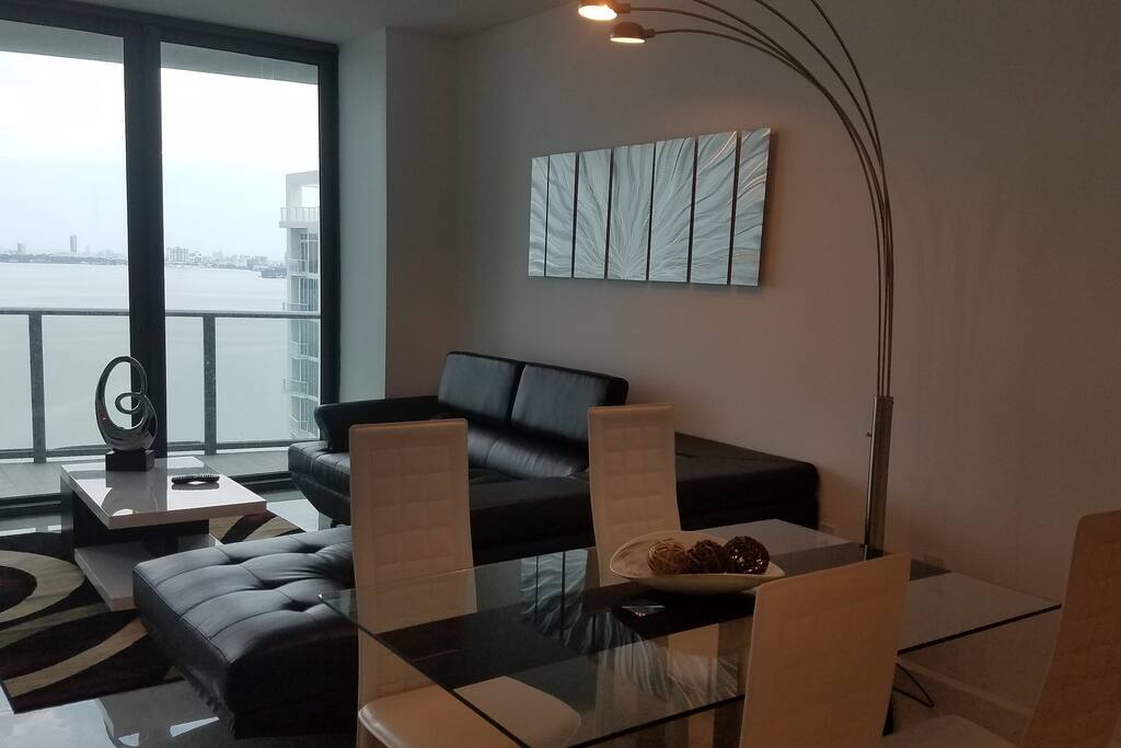 dining and living room water view