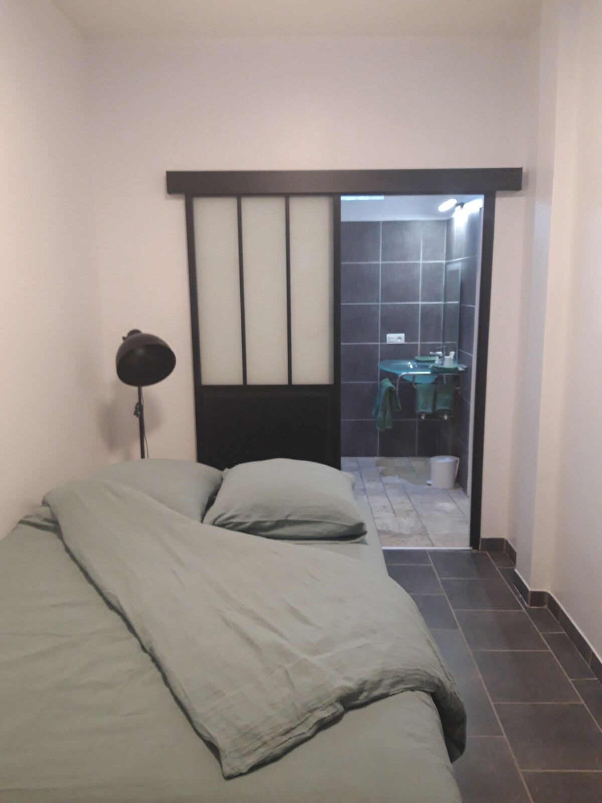 A spacious sleeping area is equipped with a large bed dressed in soft green linens. A modern sliding door leads to an attached bathroom, featuring tiled walls and well-lit vanity. A floor lamp adds functionality and style to the room.