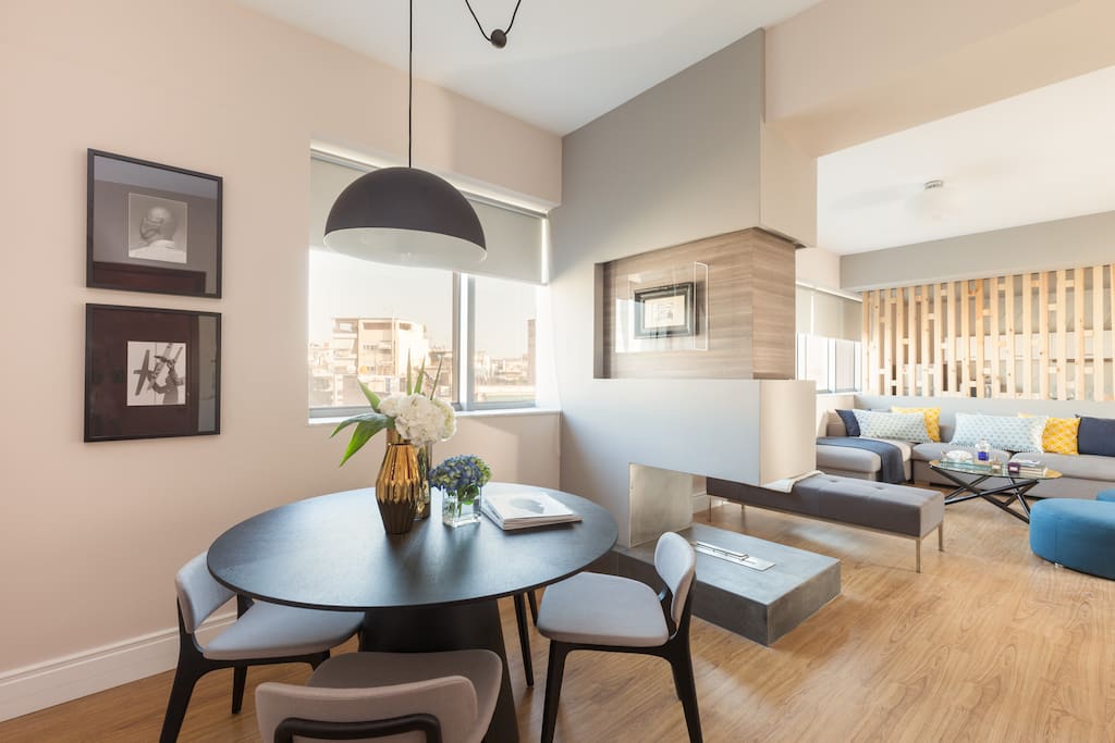 *dining area, fireplace and living room