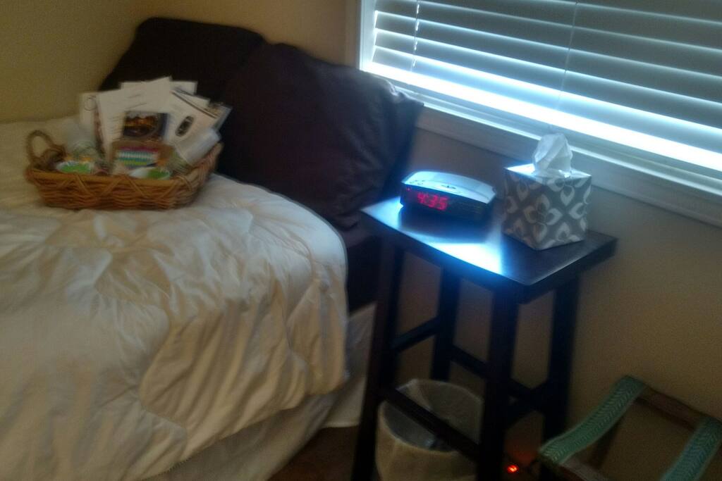 Tray includes coffee, tea, Welcome info, magazines, etc. Clock radio for your convinance.