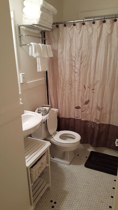 Hair dryer and travel sized toiletries provided.