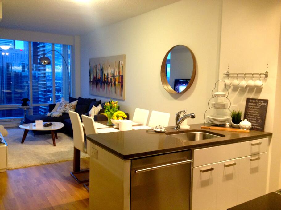 Bright, spacious kitchen, dining and living area