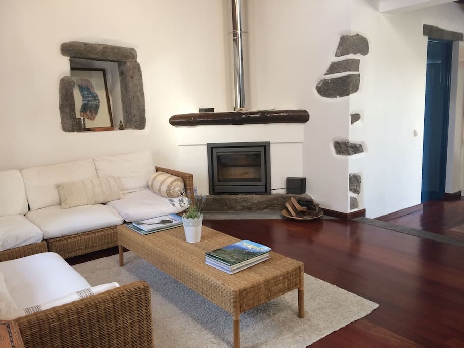The living room and cosy fireplace view