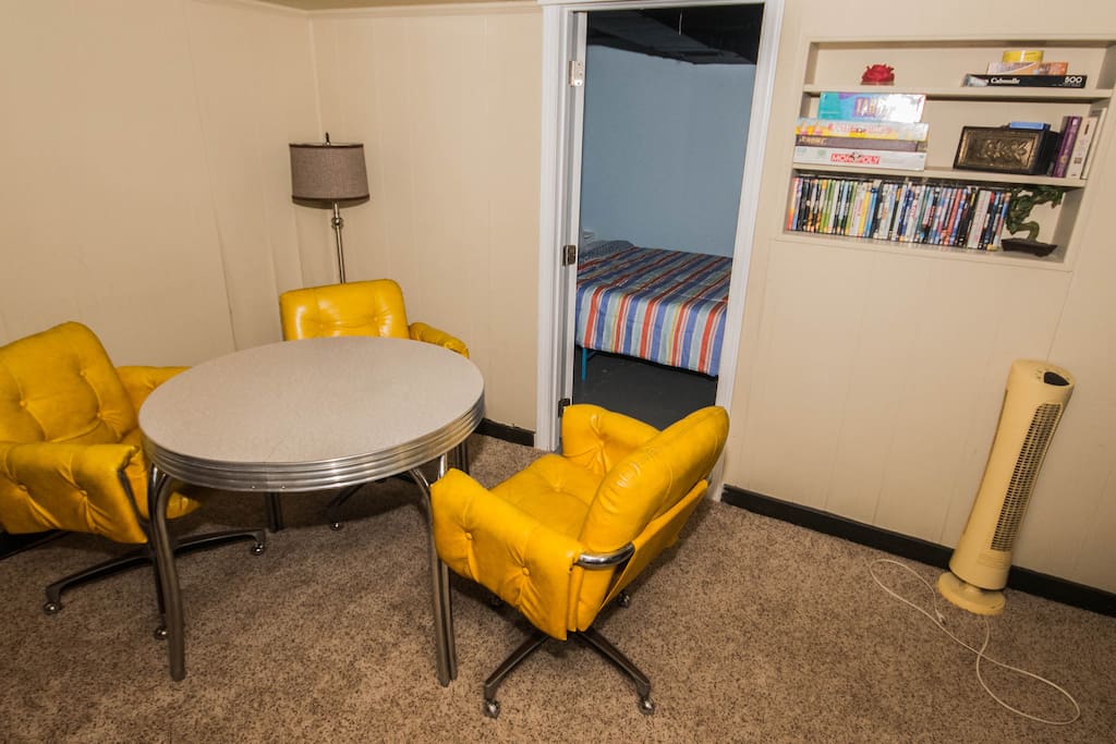 View into the bedroom from dining/ bar area