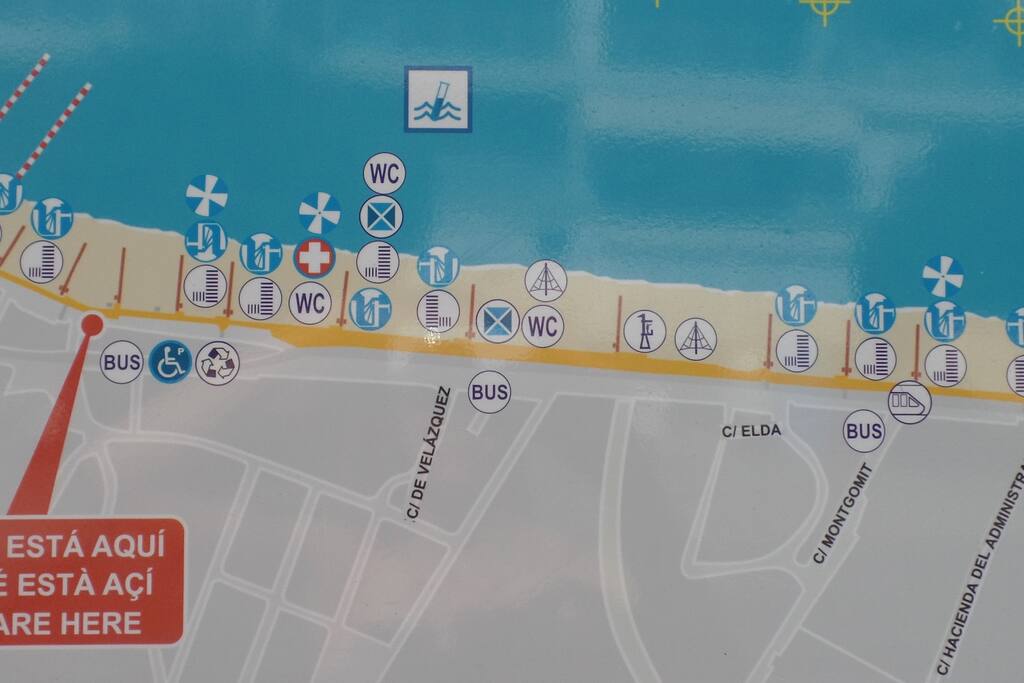 Playa MUCHAVISTA sign, and its services