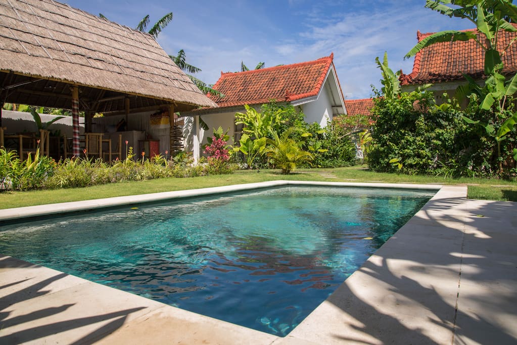 you can see the garden pool and bungalow