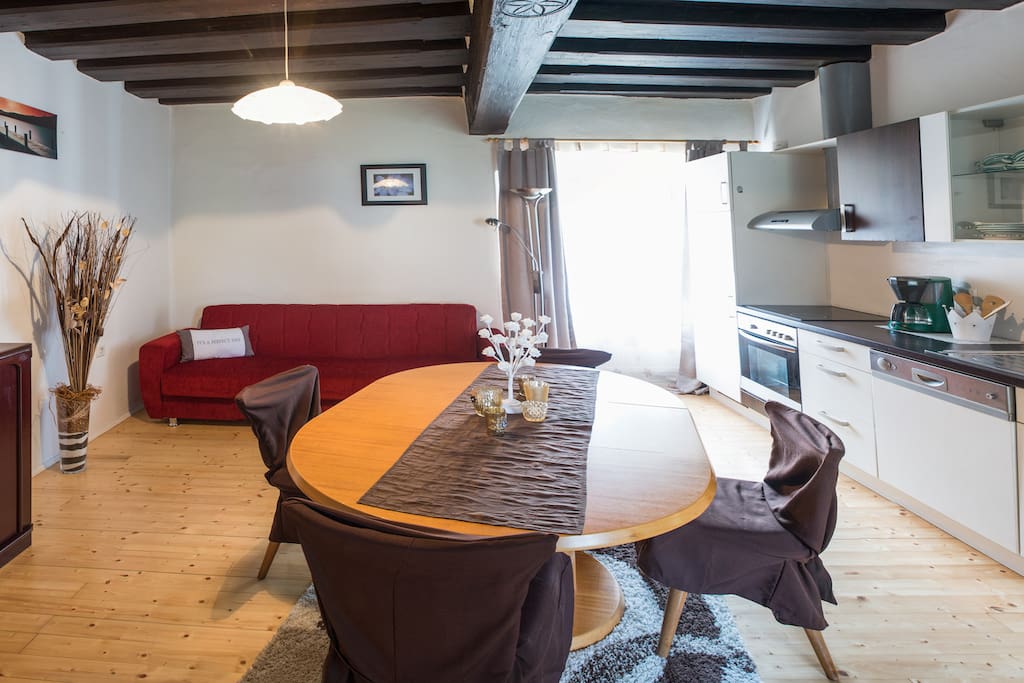Wohnzimmer mit Küchenzeile und ausziehbarer Couch