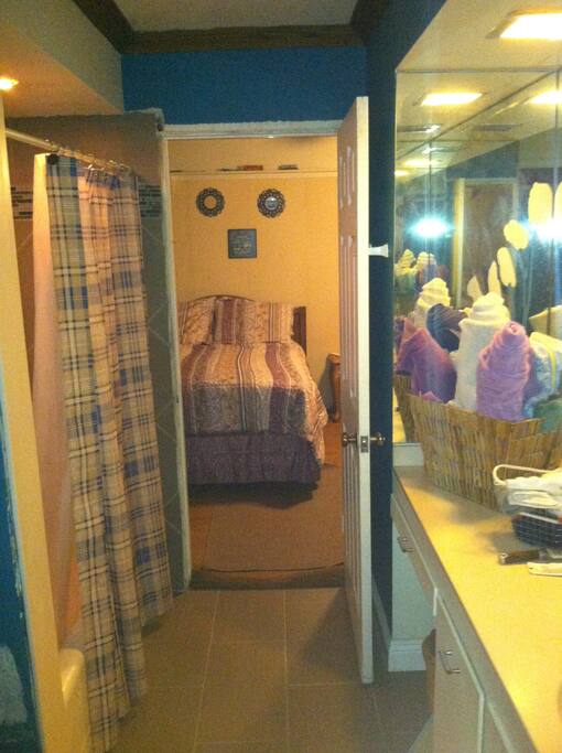 View from the attached bathroom into the bedroom.
