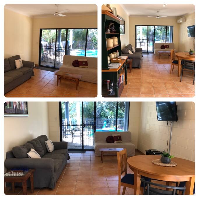 Fully equipped lounge and dining area with TV, DVD player, DVD's, books and board games. Beige couch can convert to a double bed if required - must be requested at time of booking.