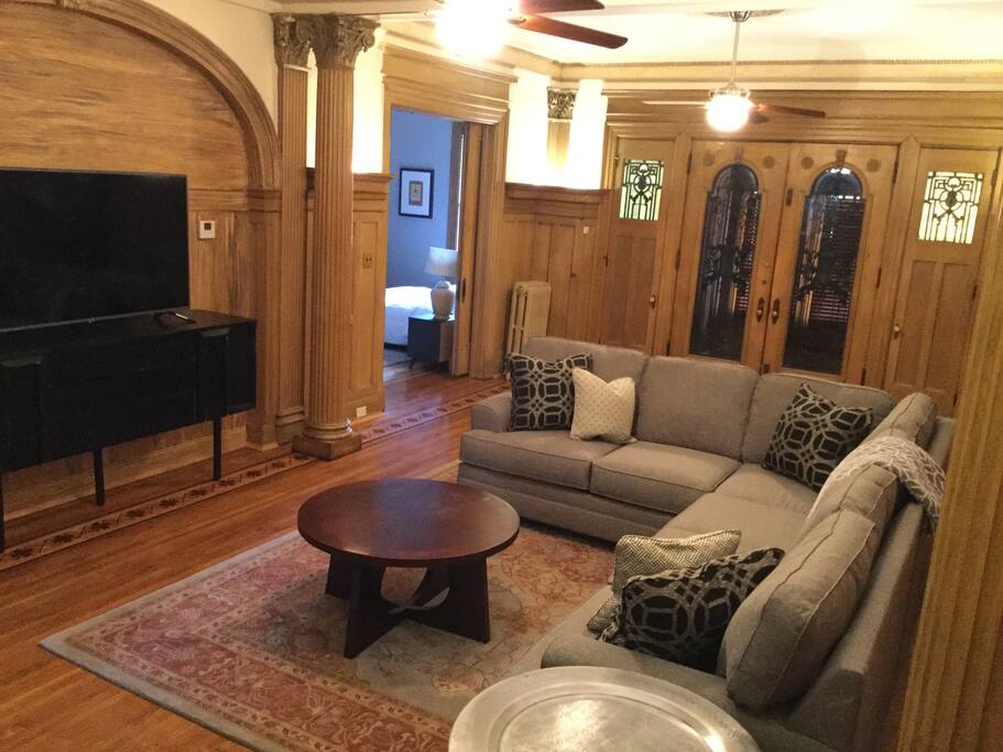 Living room with built-in smart TV