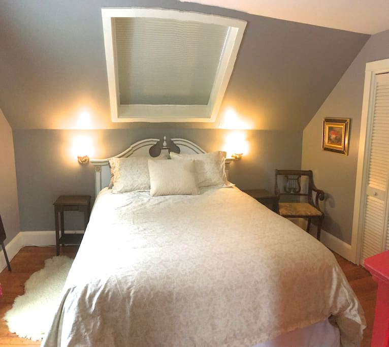 Bedroom 1. Queen bed, big skylight (with pull-down shade), 2 closets.