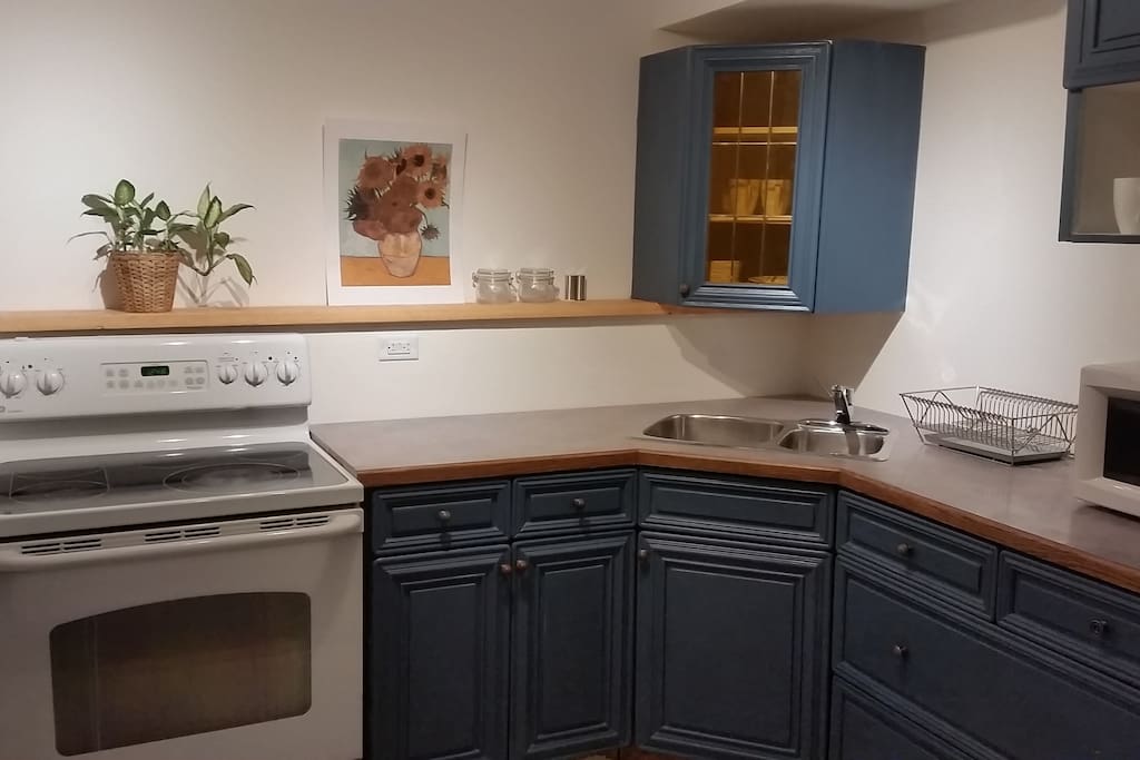 Fully stocked kitchen with large fridge.