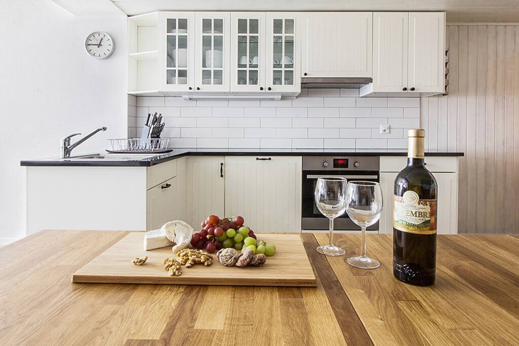 Large kitchen with table for 8