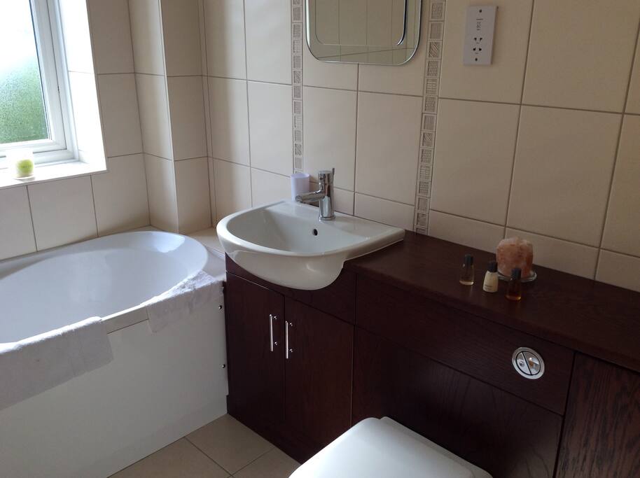 Main bathroom with overhead shower.