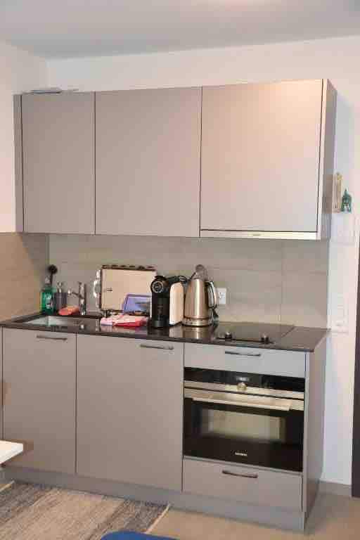 The kitchen area features modern cabinetry and a sleek countertop. Essential appliances, including a kettle, coffee maker, and oven, are visible. Ample storage is provided within the upper and lower cabinets, contributing to a functional cooking space.