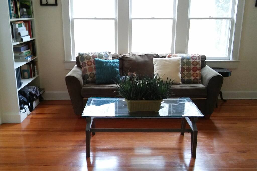 This comfy couch pulls out into a full sized bed with mattress.
