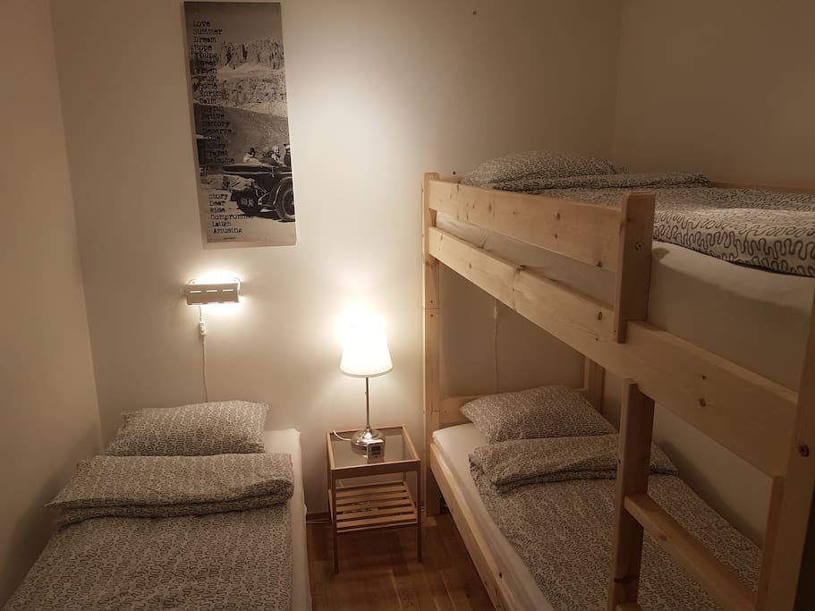 Small bedroom with one single bed and one bunk bed (2 beds)