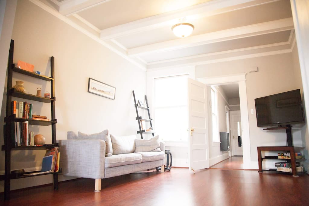 Comfortable living room with apple TV.