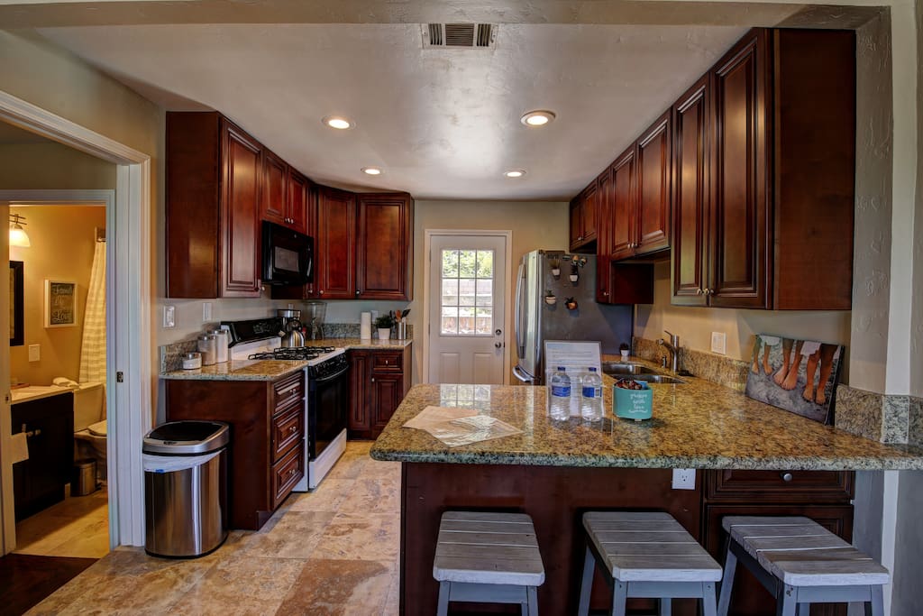 Feel at home cooking in a full stocked kitchen. Guests have access to use refrigerator and all cooking equipment.