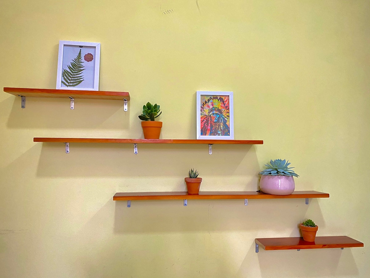 A wall with four wooden shelves showcases various decorative elements. Two framed artworks are displayed alongside five potted plants, including succulent varieties. The wall is painted a soft yellow, providing a warm backdrop for the colorful decorations.