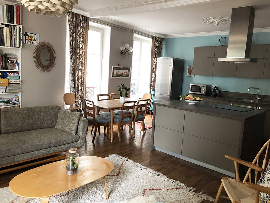 Living room and kitchen.