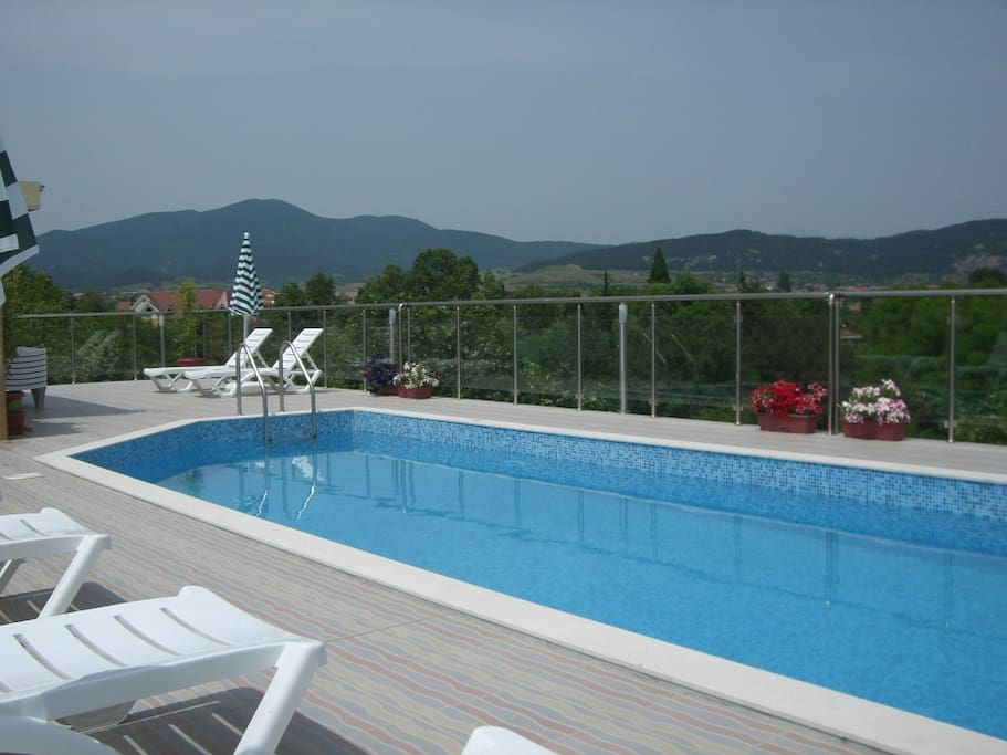 A roof swimming pool with mountain view